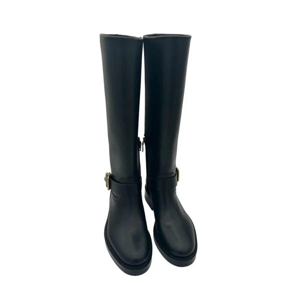 New Coach CW978 Knee High Boots Women's Size 5 B Black Leather Buckle Zip